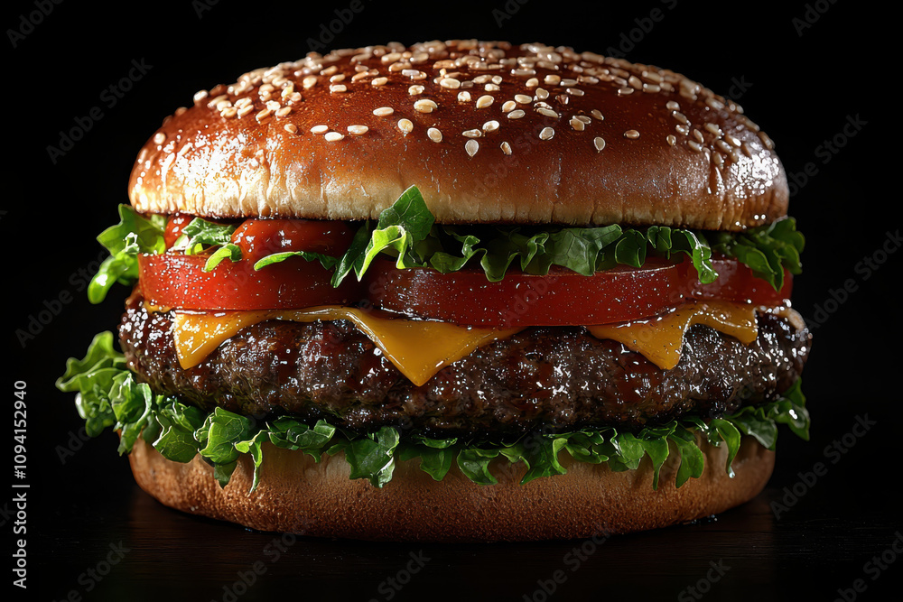 Savoring the flavor juicy beef burger with melted cheddar lettuce and tomato in a gourmet restaurant setting Savoring the flavor juicy beef burger with melted cheddar lettuce and tomato in a gourmet restaurant setting