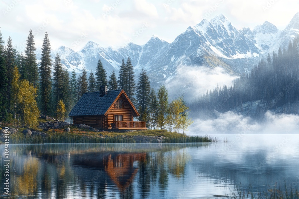 Fototapeta premium A serene lakeside cabin surrounded by mountains and forests, reflecting in calm waters.