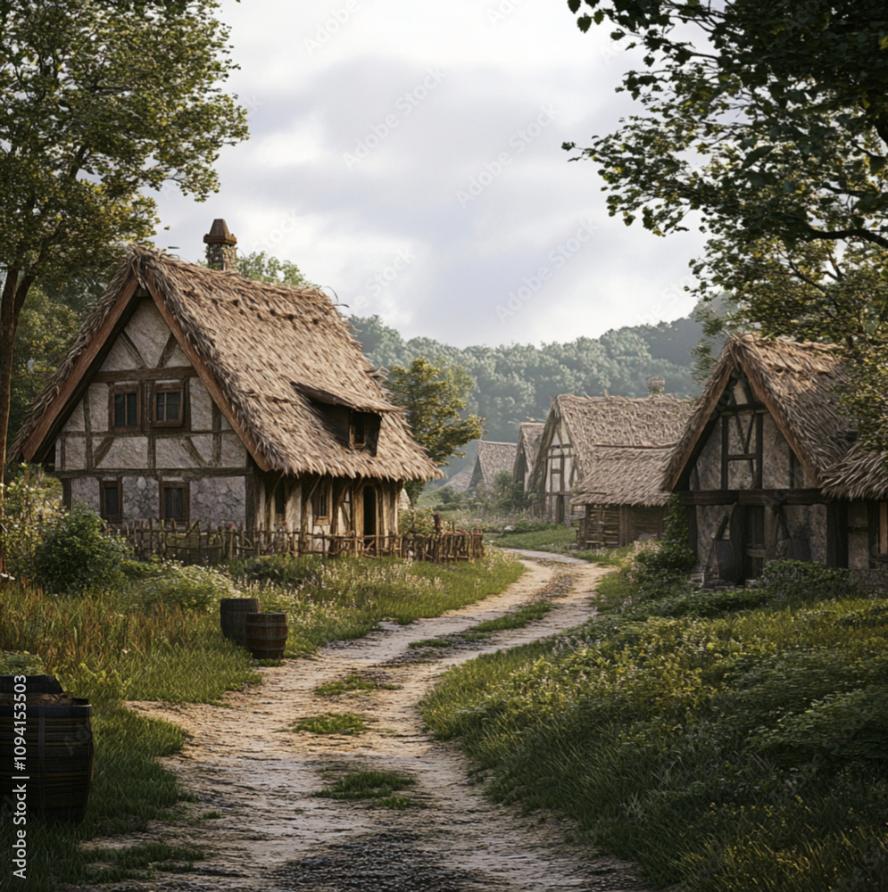 Small Medieval village with thatched roofs small Small Medieval village with thatched roofs small
