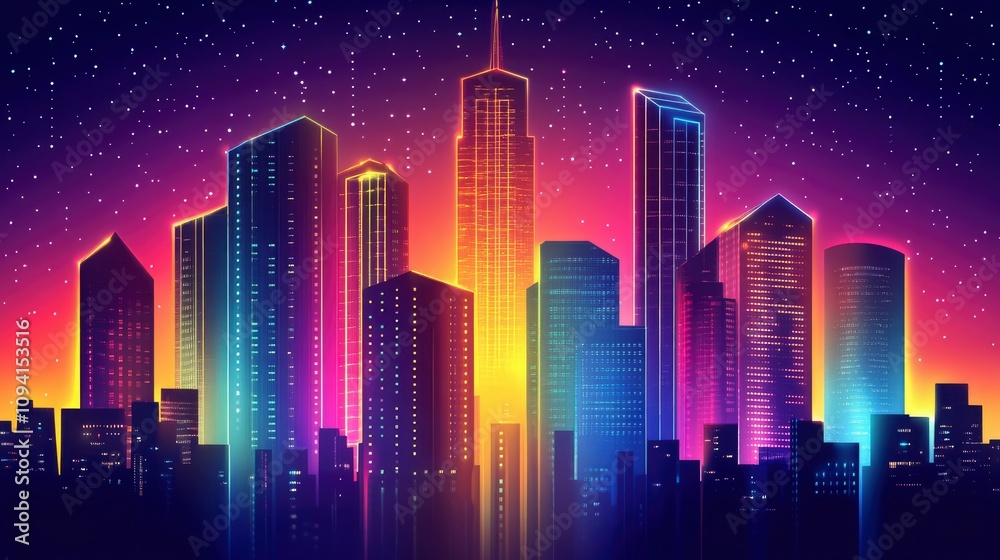 A vibrant digital skyline at sunset, showcasing colorful skyscrapers against a starry sky. A vibrant digital skyline at sunset, showcasing colorful skyscrapers against a starry sky.