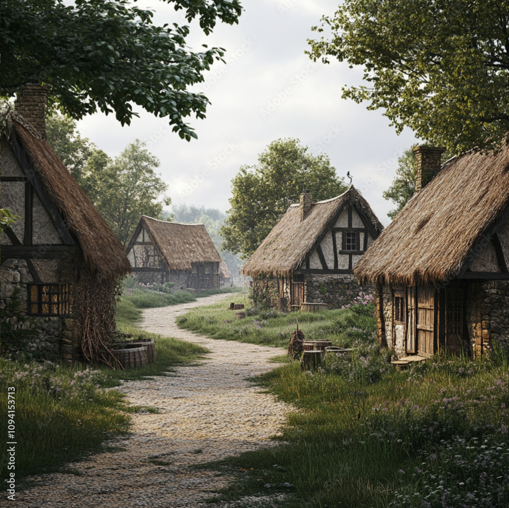 Small Medieval village with thatched roofs small Small Medieval village with thatched roofs small