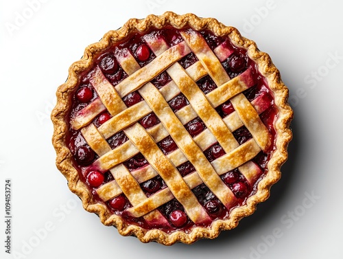 A freshly baked cherry pie with a lattice crust on a white background. photo