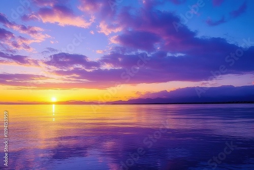 Serene Sunset Over Calm Water with Vibrant Purple Pink Orange Sky and Distant Horizons