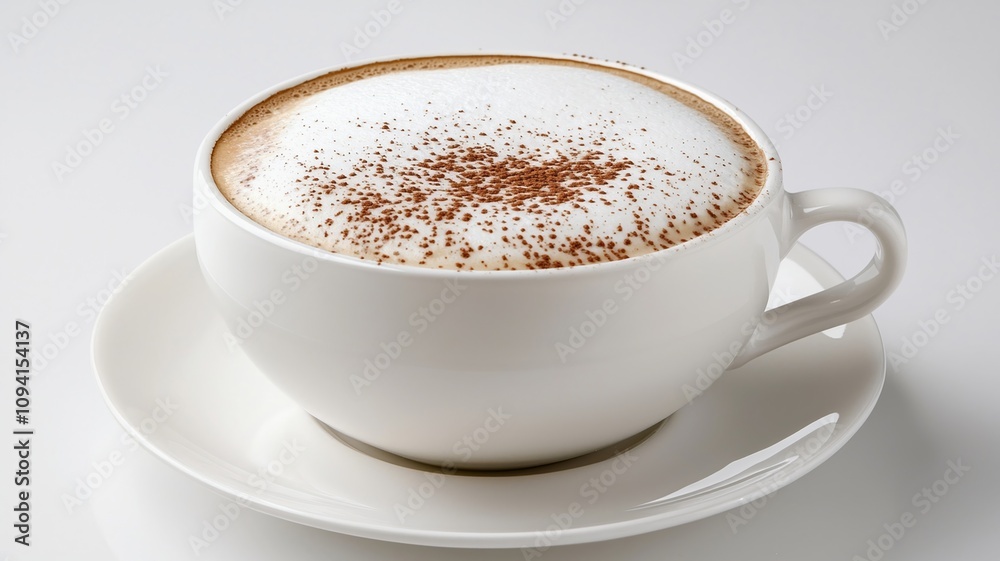 white cup of cappuccino with frothy milk and cocoa powder white cup of cappuccino with frothy milk and cocoa powder