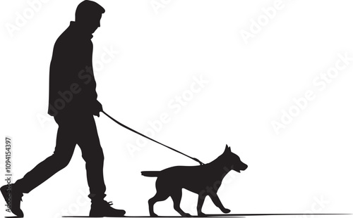 Black and white vector silhouette of a man walking with his dog in side view