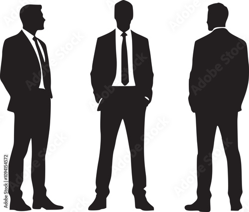 Minimalist black and white silhouette, three business men standing illustration 