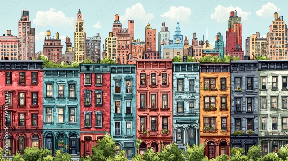 Obraz premium Vibrant Urban Landscape Featuring Colorful Brownstone Buildings with Iconic Skyscrapers and Lush Greenery Under a Bright Blue Sky