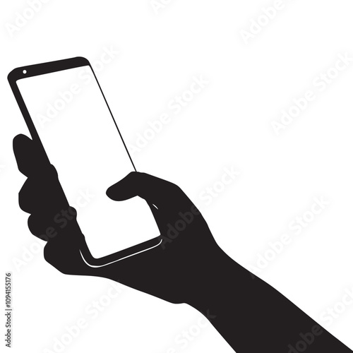 Black and white silhouette of hand-holding smartphone, digital device, minimalist modern graphic design