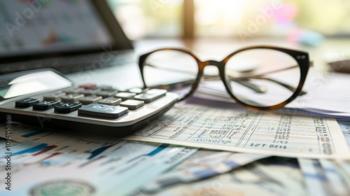 Money and calculator on a desk with financial papers and glasses, planning budget or tax photo