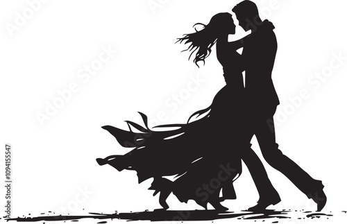 Elegant silhouette of two tango dancers in passionate pose, black and white
