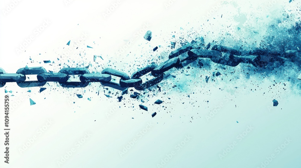 Abstract representation of a broken chain symbolizing freedom, strength, and overcoming obstacles, showcasing shattered links with a cool color palette. Abstract representation of a broken chain symbolizing freedom, strength, and overcoming obstacles, showcasing shattered links with a cool color palette.
