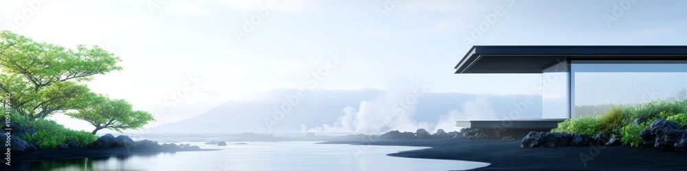 2409_019 A tranquil natural scene with clean space above, overlooking a serene setting featuring volcanic landscape, with an open space nestled amidst black sand beach, set against a steaming hot 2409_019 A tranquil natural scene with clean space above, overlooking a serene setting featuring volcanic landscape, with an open space nestled amidst black sand beach, set against a steaming hot