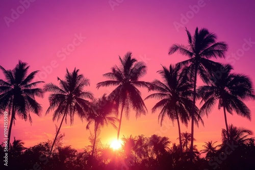 Tropical Sunset Palm Trees Silhouette Vibrant Sky Deep Purple Soft Pink