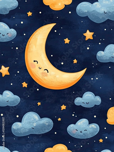 seamless patternblue sky background with stars, crescent moon and clouds. for children's bedroom wall decoration. photo