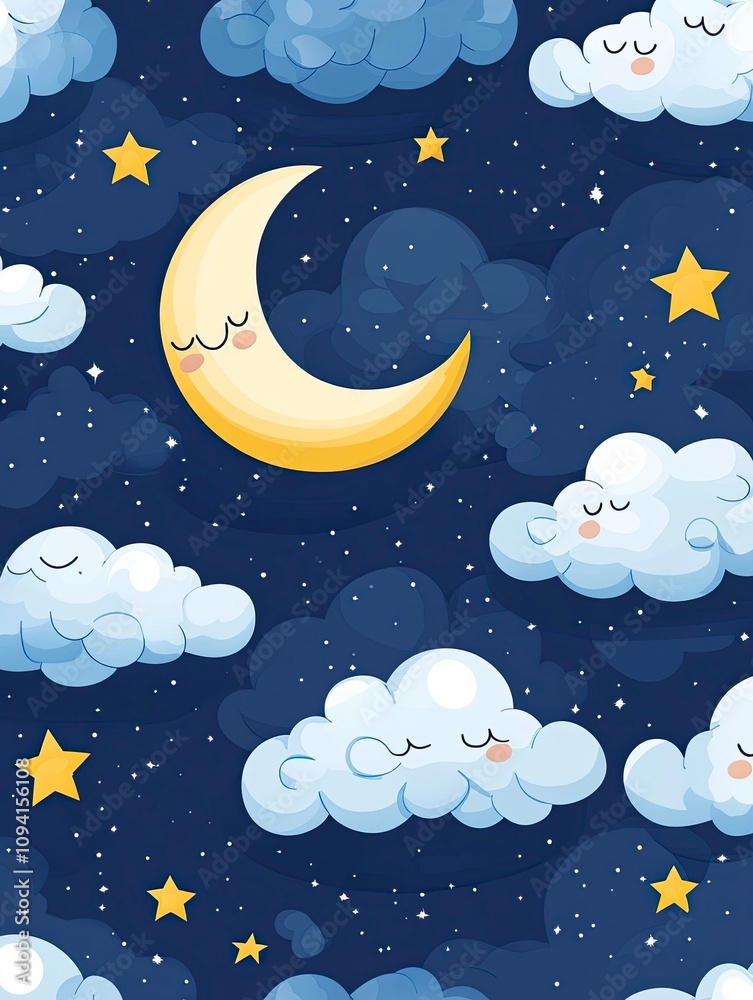 seamless patternblue sky background with stars, crescent moon and clouds. for children's bedroom wall decoration. seamless patternblue sky background with stars, crescent moon and clouds. for children's bedroom wall decoration.