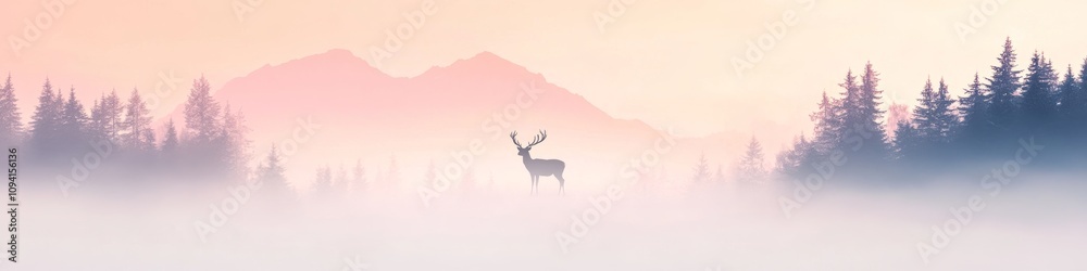 Obraz premium 2409_022 A tranquil natural scene with clean space above, overlooking a serene setting featuring misty forest, with an open space nestled amidst morning light, set against a deer silhouette backdrop,