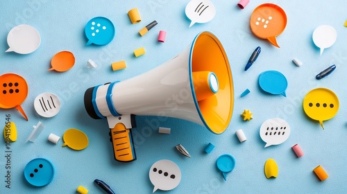 Colorful and dynamic of a megaphone surrounded by vibrant speech bubbles emphasizing the power of messaging and digital outreach