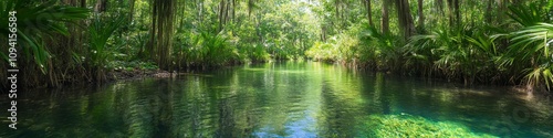 2409_030 A tranquil natural scene with clean space above, overlooking a serene setting featuring cypress swamp, with an open space nestled amidst spanish moss, set against a bayou waters backdrop,