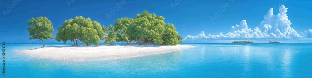 2409_034 A tranquil natural scene with clean space above, overlooking a serene setting featuring tropical island, with an open space nestled amidst white sand beach, set against a crystal-clear 2409_034 A tranquil natural scene with clean space above, overlooking a serene setting featuring tropical island, with an open space nestled amidst white sand beach, set against a crystal-clear
