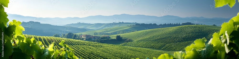 2409_038 A tranquil natural scene with clean space above, overlooking a serene setting featuring vineyard landscape, with an open space nestled amidst grapevines, set against a tuscan hills backdrop, 2409_038 A tranquil natural scene with clean space above, overlooking a serene setting featuring vineyard landscape, with an open space nestled amidst grapevines, set against a tuscan hills backdrop,