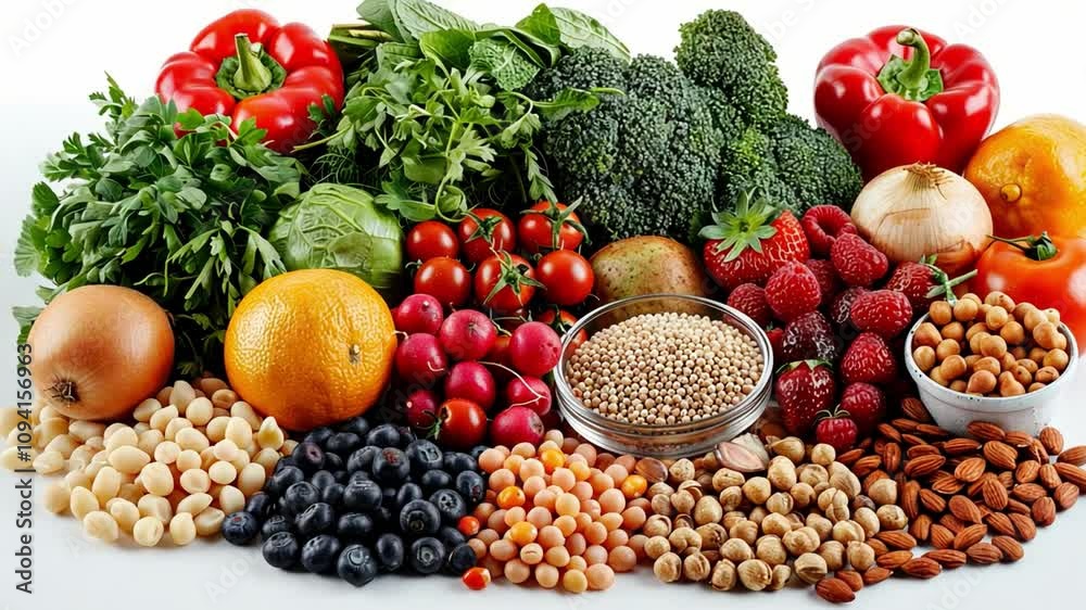 An array of colorful vegetables, fruits, nuts, and seeds showcases the abundance of healthy foods. Bright red peppers and fresh greens complement oranges, berries, and various nuts.