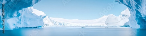 2409_043 A tranquil natural scene with clean space above, overlooking a serene setting featuring glacier landscape, with an open space nestled amidst blue ice, set against a arctic wildlife backdrop,