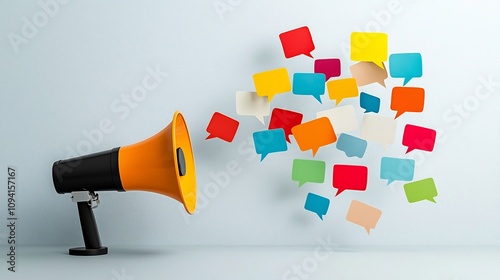 Sleek and modern megaphone design with multicolored floating speech bubbles visually representing the concept of marketing messaging and advertising ideas