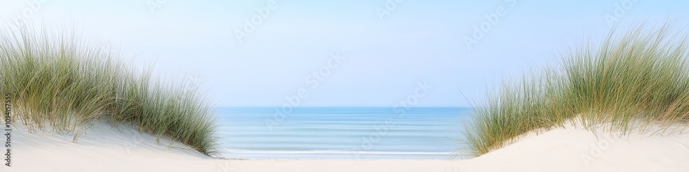 2409_050 A tranquil natural scene with clean space above, overlooking a serene setting featuring coastal dunes, with an open space nestled amidst sea grass, set against a ocean horizon backdrop, 2409_050 A tranquil natural scene with clean space above, overlooking a serene setting featuring coastal dunes, with an open space nestled amidst sea grass, set against a ocean horizon backdrop,