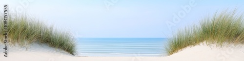 2409_050 A tranquil natural scene with clean space above, overlooking a serene setting featuring coastal dunes, with an open space nestled amidst sea grass, set against a ocean horizon backdrop,
