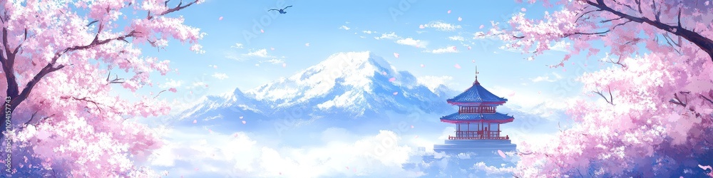 custom made wallpaper toronto digital2409_054 A tranquil natural scene with clean space above, overlooking a serene setting featuring sakura park, with an open space nestled amidst cherry blossoms, set against a traditional pagoda