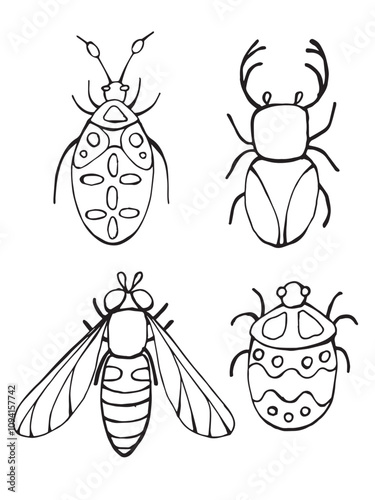 Black and white doodle illustration of a detailed beetle with ornament. Line art drawing isolated on white background. Coloring book page.