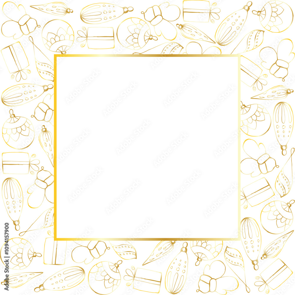 New Year and Christmas square frame in square. Golden contours on a white background. Template with space for text for a card, invitation, flyer, tag, design element.