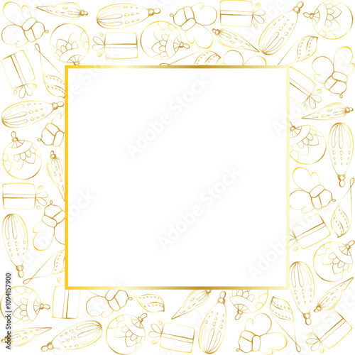 New Year and Christmas square frame in square. Golden contours on a white background. Template with space for text for a card, invitation, flyer, tag, design element.