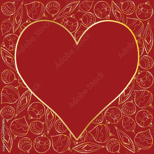 New Year and Christmas frame heart shape in square. Golden contours of Christmas decoration on a red background. Template with space for text for a card, invitation, flyer, tag, design element.