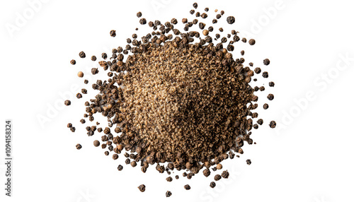 Evenly spread ground black pepper captured in top view on a white backdrop.