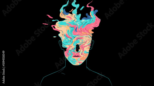 Illustration of a silhouette filled with colorful, abstract emotions against a black void