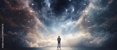 A photograph of a man standing alone, facing the unknown, symbolizing solitude and contemplation against a vast, uncertain world.

 photo