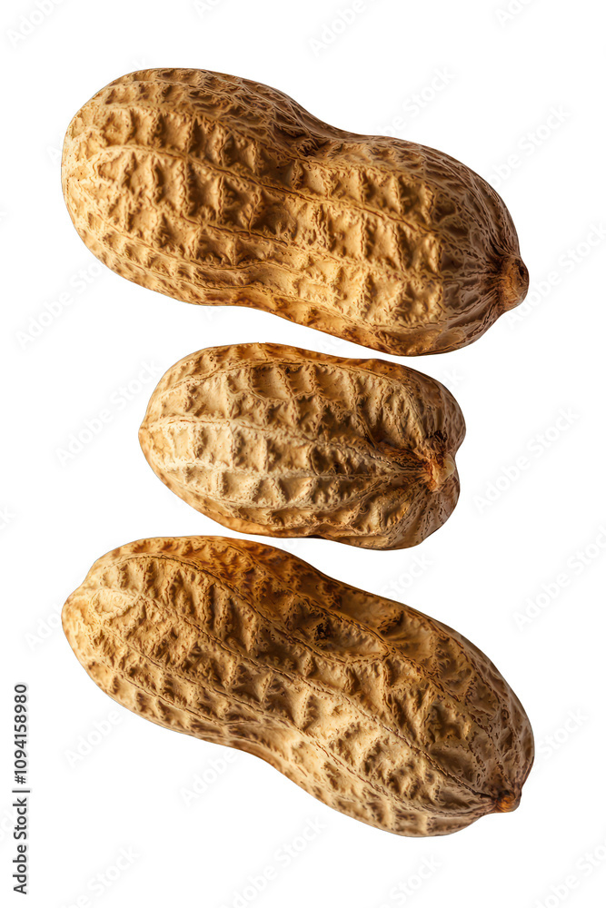 Set of peanuts detailed in macro view, isolated with precision on white.