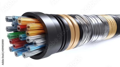 Detailed Cross-Section of Modern Fiber Optic Cable with Colorful Strands and Protective Casing photo