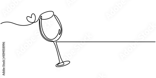 One line  Drawing or illustration of wine glass, Two clinking champagne glasses one line design. Creative sparkling wine glass, continuous lines vector banner. Design for party, anniversary.