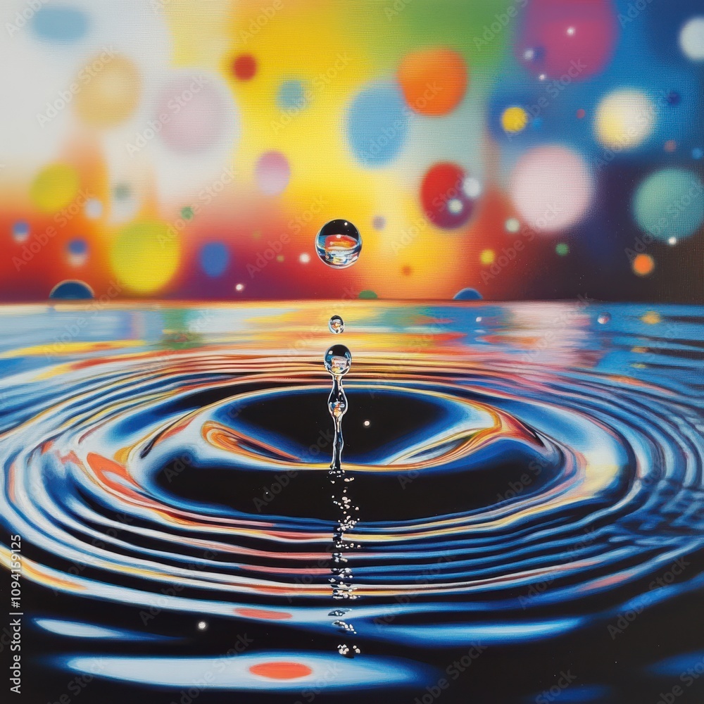 A single water drop falls onto a still body of water, creating colorful ripples against a background of blurred colorful orbs. A single water drop falls onto a still body of water, creating colorful ripples against a background of blurred colorful orbs.