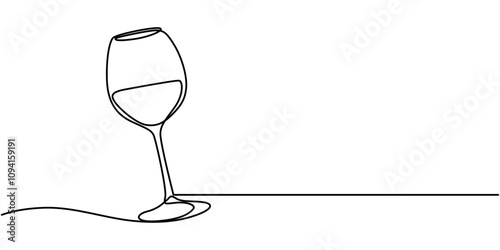 One line  Drawing or illustration of wine glass, Two clinking champagne glasses one line design. Creative sparkling wine glass, continuous lines vector banner. Design for party, anniversary.