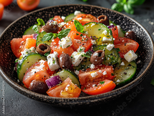 Create a refreshing mediterranean delight vibrant salad with cucumber tomatoes and olives in a cozy kitchen atmosphere