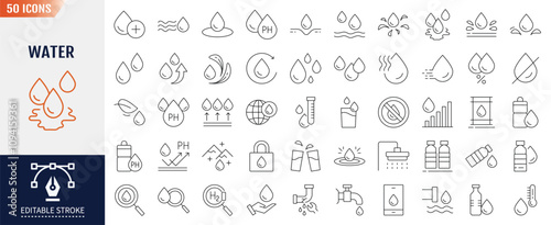 Water Editable Stroke Line Icon set. Containing water drop, treatment, sewage, recycle, fresh, save. Vector Illustration