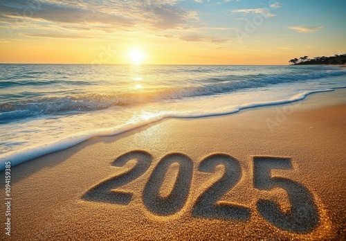 Serene Beach Sunset with Year 2025 in Sand