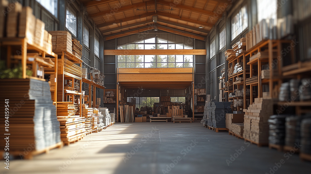 Warehouse Interior: A wide shot of a spacious warehouse interior, showcasing rows of shelves stacked with building materials and supplies. Warehouse Interior: A wide shot of a spacious warehouse interior, showcasing rows of shelves stacked with building materials and supplies.