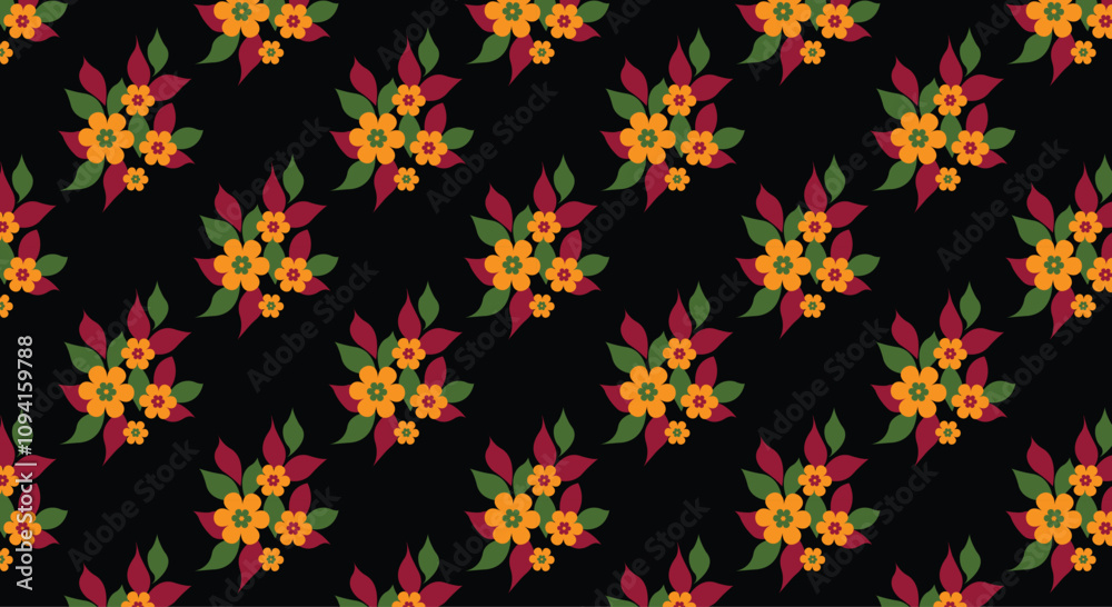 a colorful flower pattern on a black background.