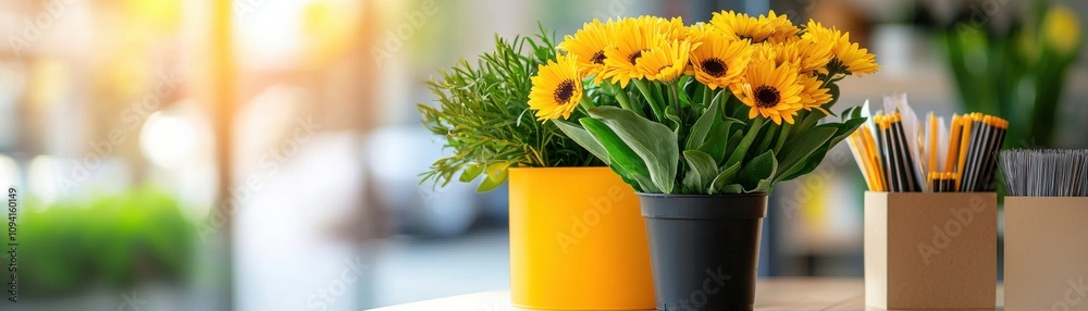 Fototapeta premium A bright arrangement of yellow flowers in a pot, surrounded by greenery and colorful stationery, creating a cheerful workspace atmosphere.