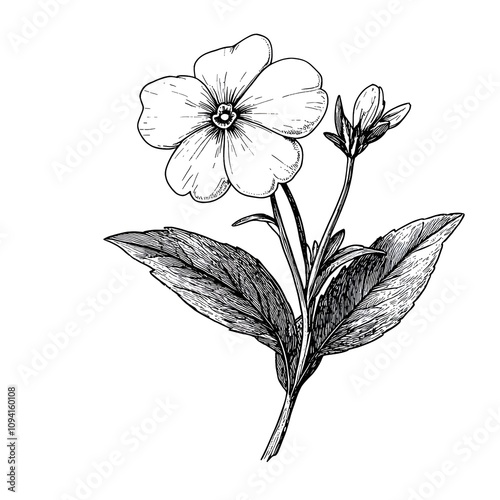 Clean line art of a primrose with rounded petals and fine details on the leaves photo