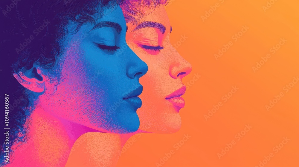 Profile view of a woman with vibrant colors, showcasing artistic contrast between blue and orange hues, emphasizing beauty and identity through digital aesthetics. Profile view of a woman with vibrant colors, showcasing artistic contrast between blue and orange hues, emphasizing beauty and identity through digital aesthetics.